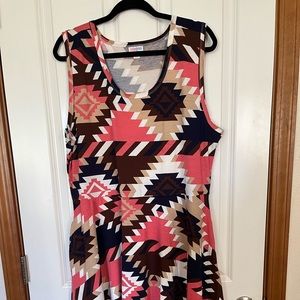 LuLaRoe Sleeveless Midi Dress in Coral, Navy, Brown & Cream Aztec Print